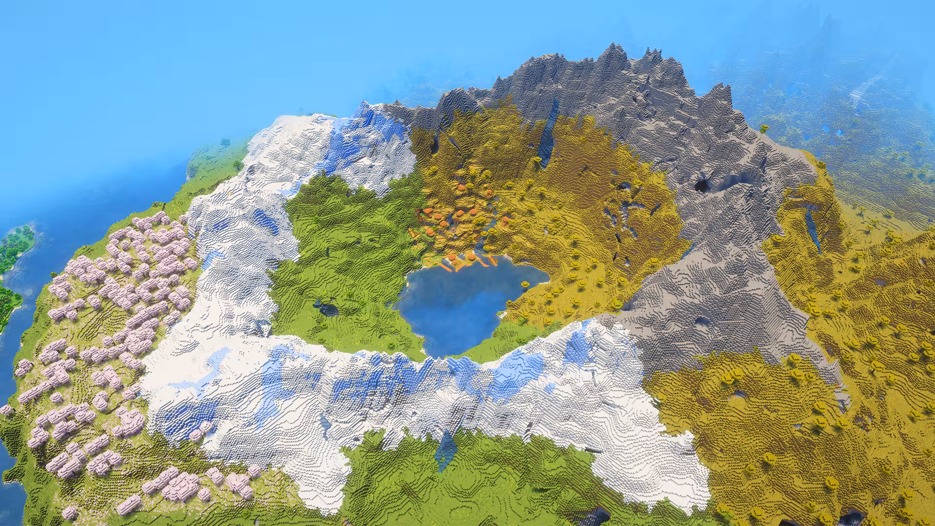 image of Minecraft seed with village inside a mountain crater