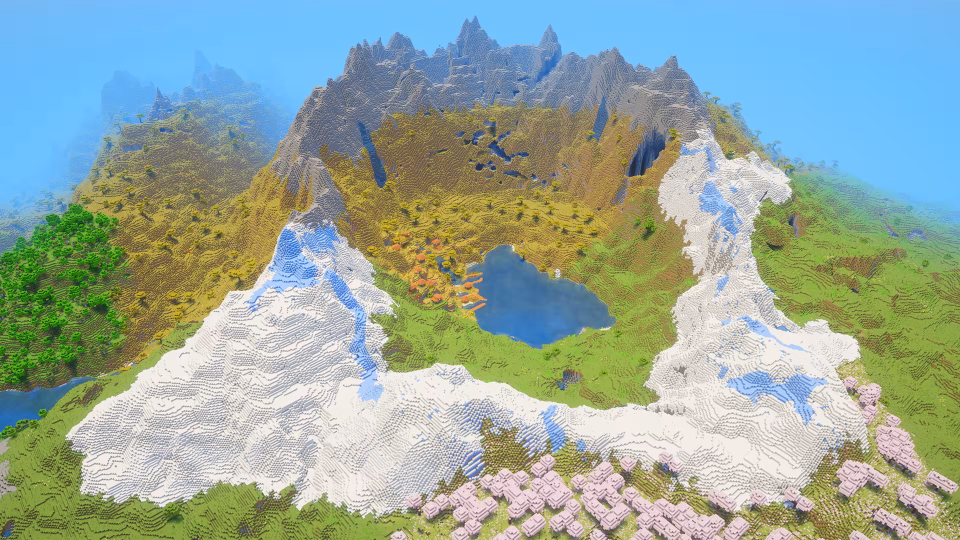 image of Minecraft seed with village inside a mountain crater
