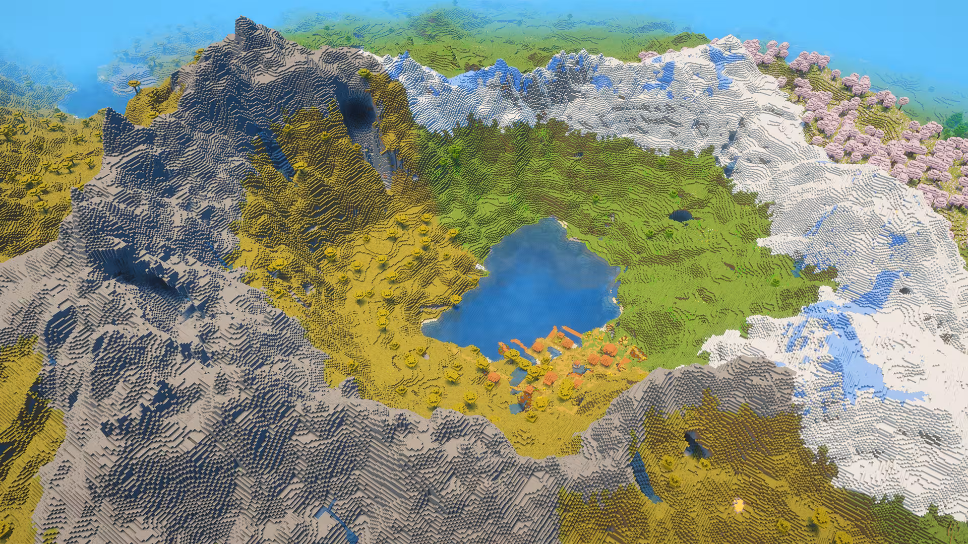 image of Minecraft seed with village inside a mountain crater