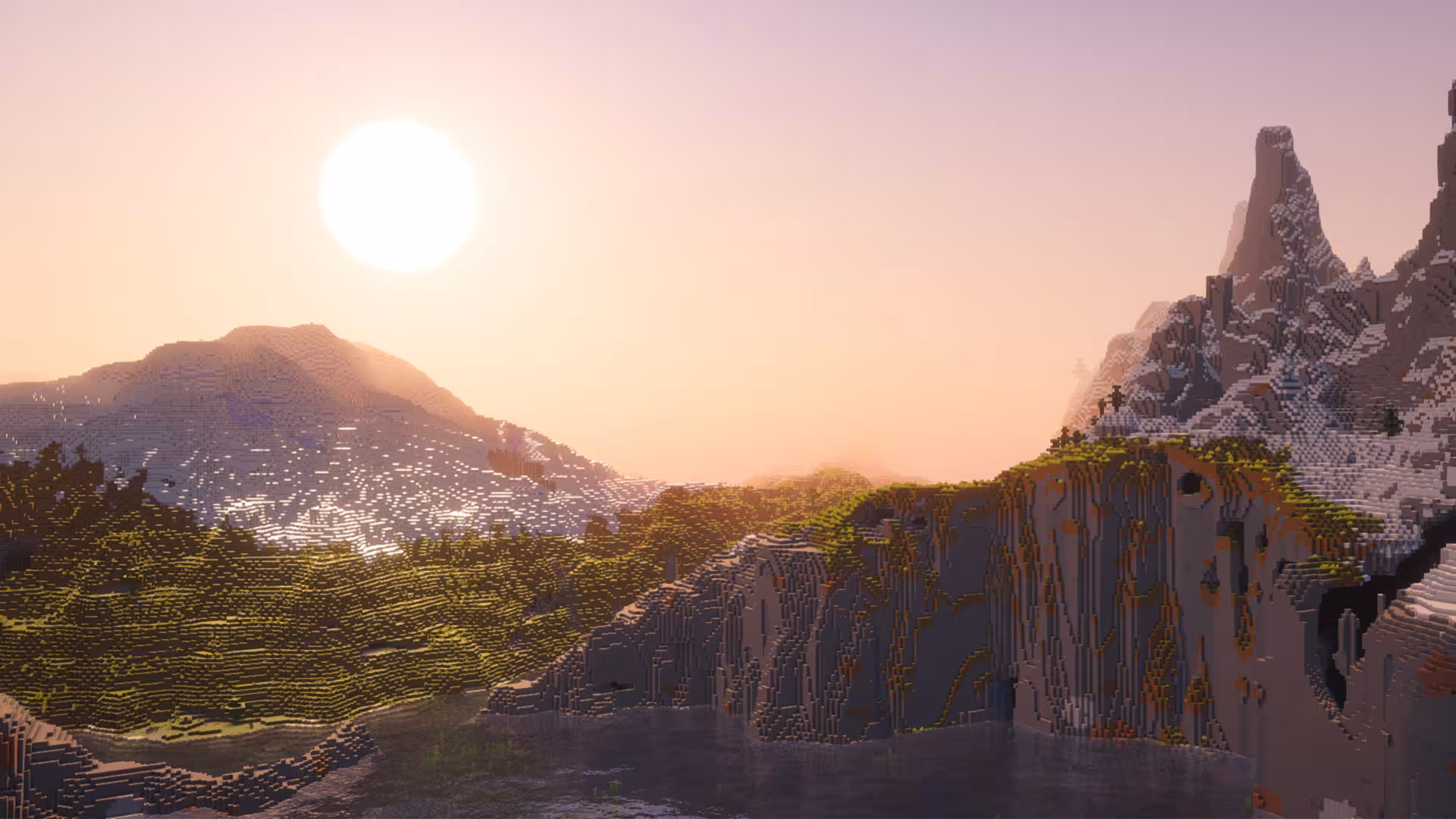 image of a Minecraft seed with a huge mountain range around an ocean