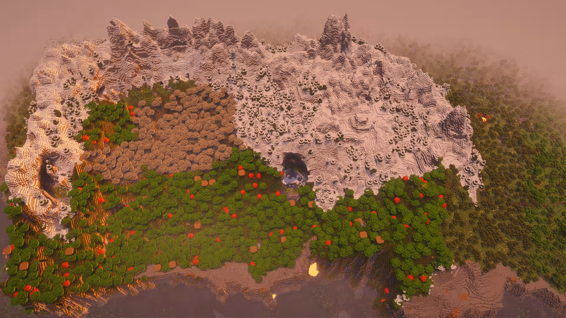 image of a Minecraft seed with a large multi-biome spawn with cave and nearby ocean