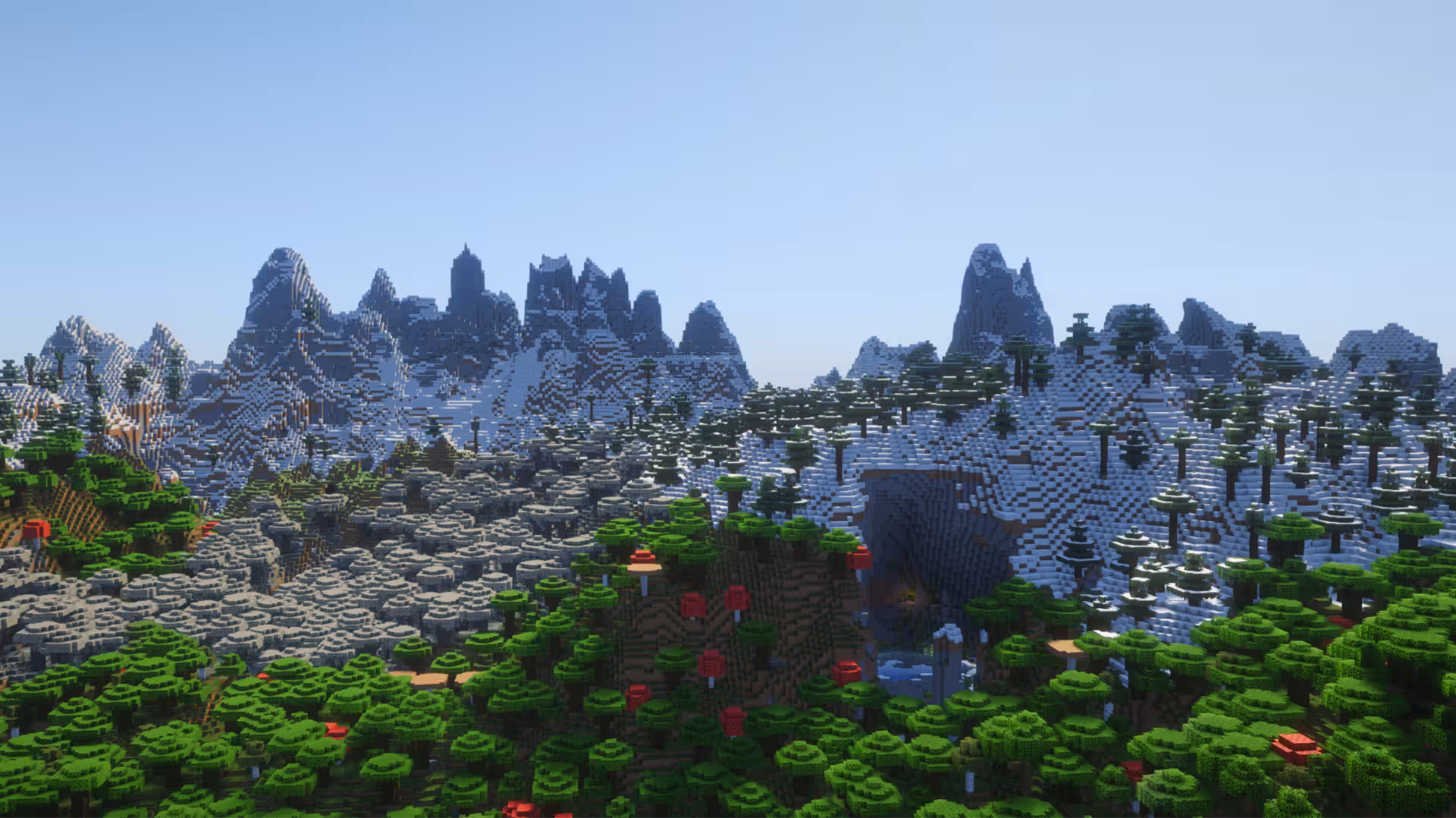 image of a Minecraft seed with a large multi-biome spawn with cave and nearby ocean