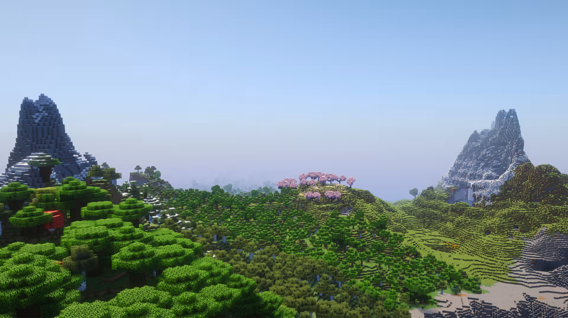 image of a Minecraft seed with a large multi-biome spawn with cave and nearby ocean