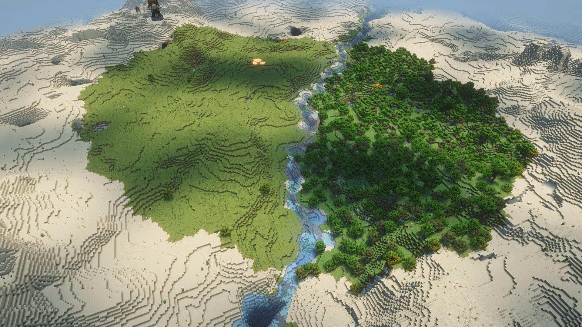 Circular forest and plains biome in the desert