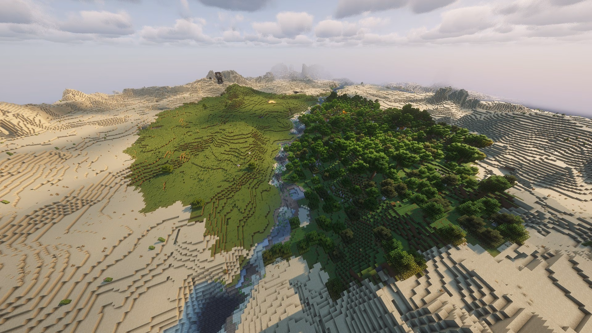 image of a Minecraft seed with a circular biome shape inside a desert