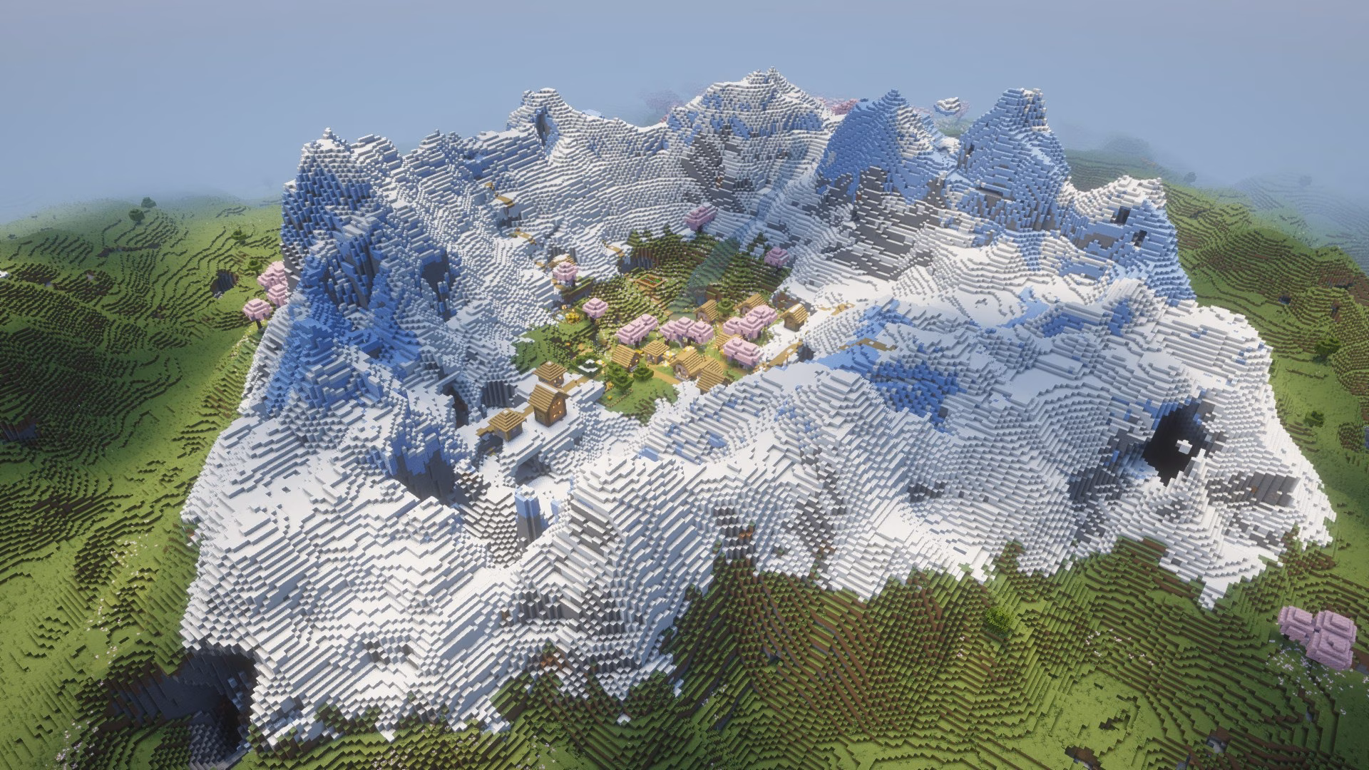 A minecraft seed with a cherry grove village in a snowy mountain
