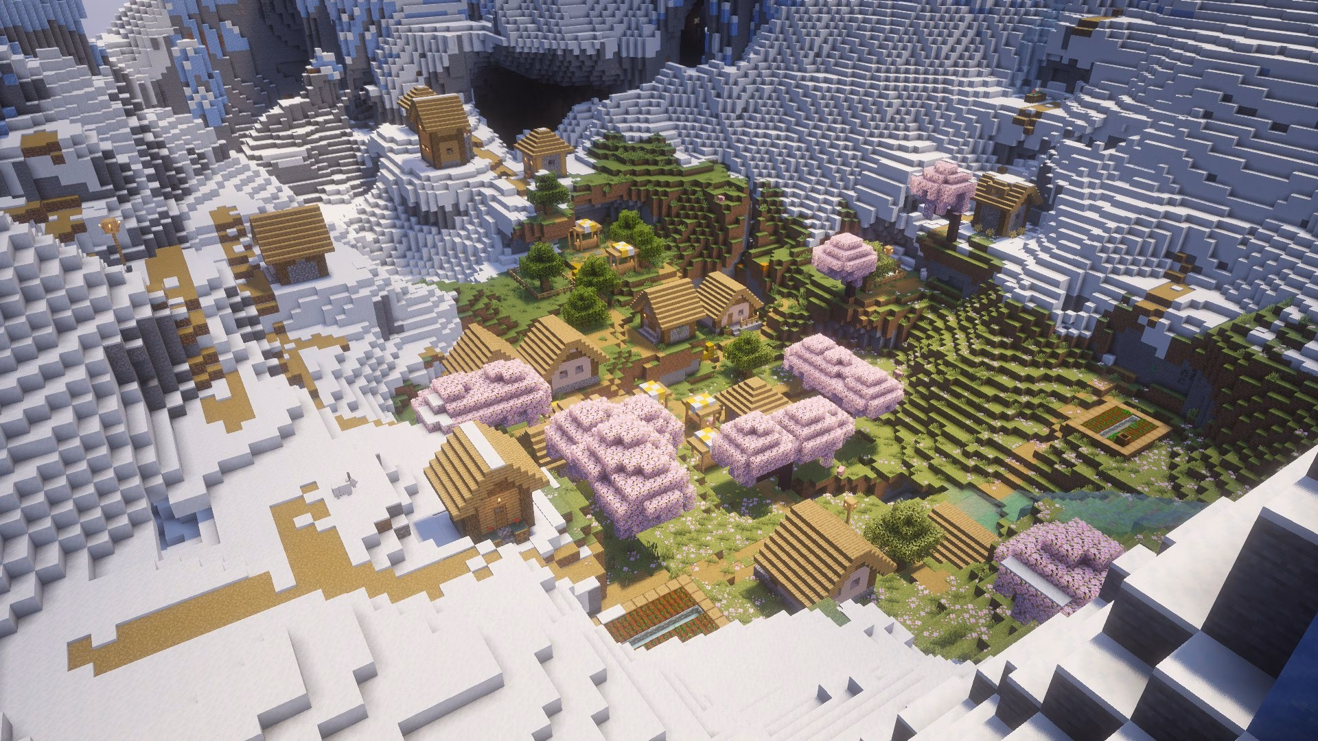 A minecraft seed with a cherry grove village in a snowy mountain