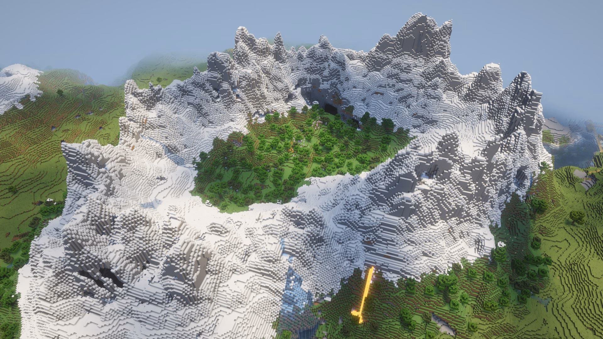 A minecraft seed with a plains biome in a snowy mountain