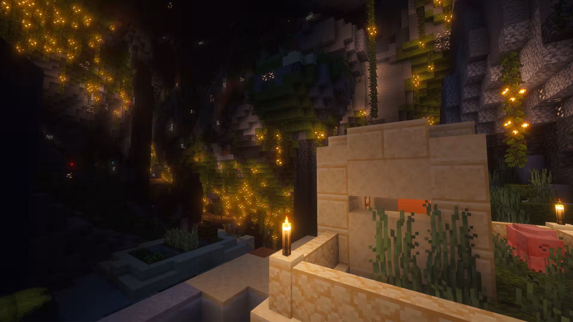 image of a Minecraft seed with an underground lush cave desert village