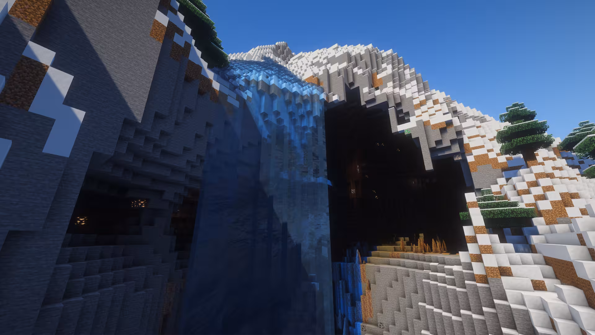 image of a Minecraft seed with a waterfall mountain cave