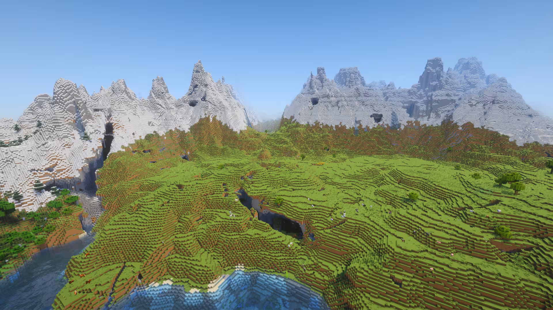 image of a Minecraft seed with an oceanside open plains overlooking the ocean with jagged peaks